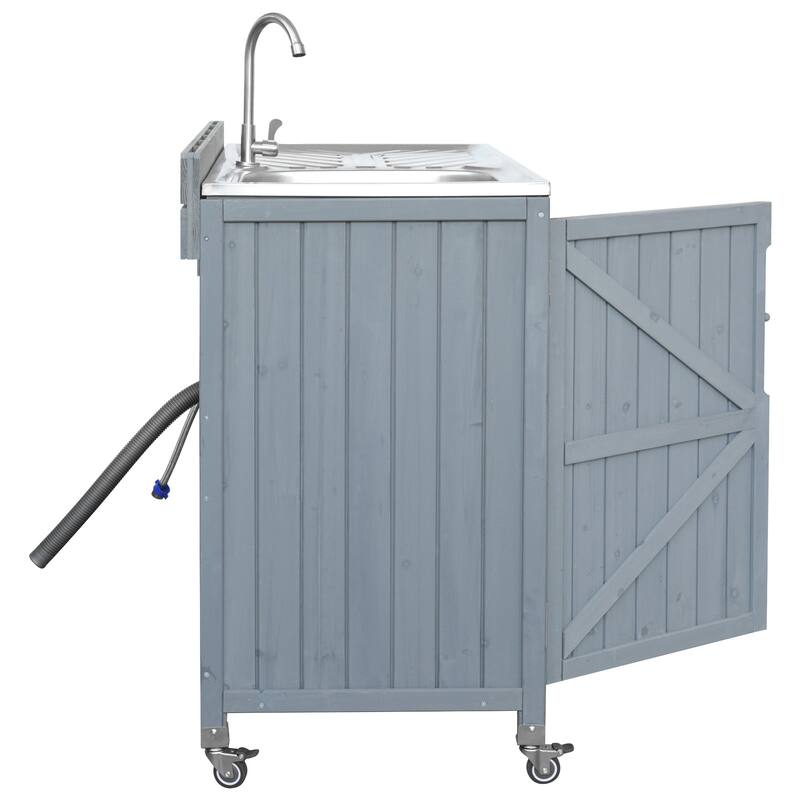 39.4" Rolling Outdoor Kitchen Island with 304 Stainless Steel Sink, Faucet & Cabinet for Pizza Prep