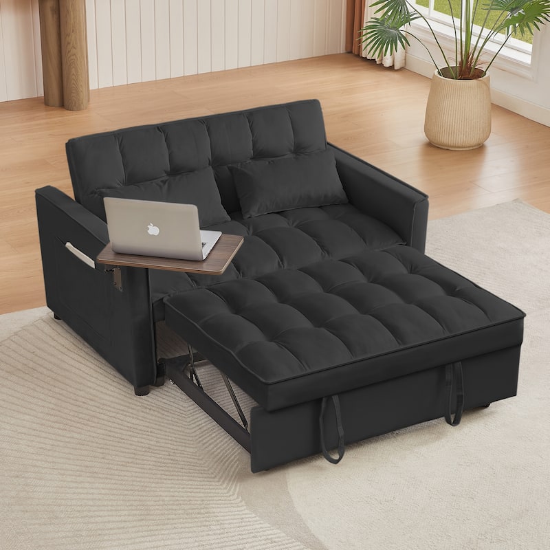 Velvet Loveseat Convertible Pull-out Sleeper Sofa Bed, Futon Sofa with 2 Pillows & phone Holder Pocket Recliner Sofa - Black