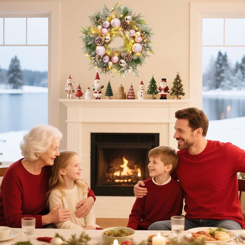 22" Lighted Pink Christmas Wreath for Front Door with Balls Pine Cones & Berries - N/A