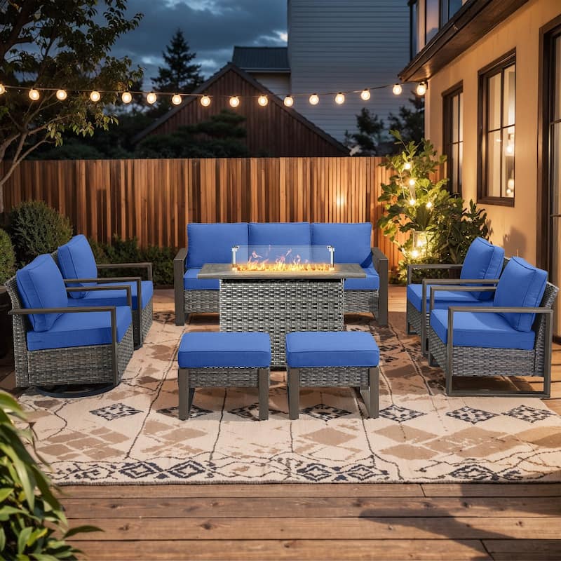 Pocassy Fire Pit Table with Outdoor Sofa Chair Ottoman Set - Grey Wicker Blue Cushion - 8-Piece Sofa Chair with Fire Table