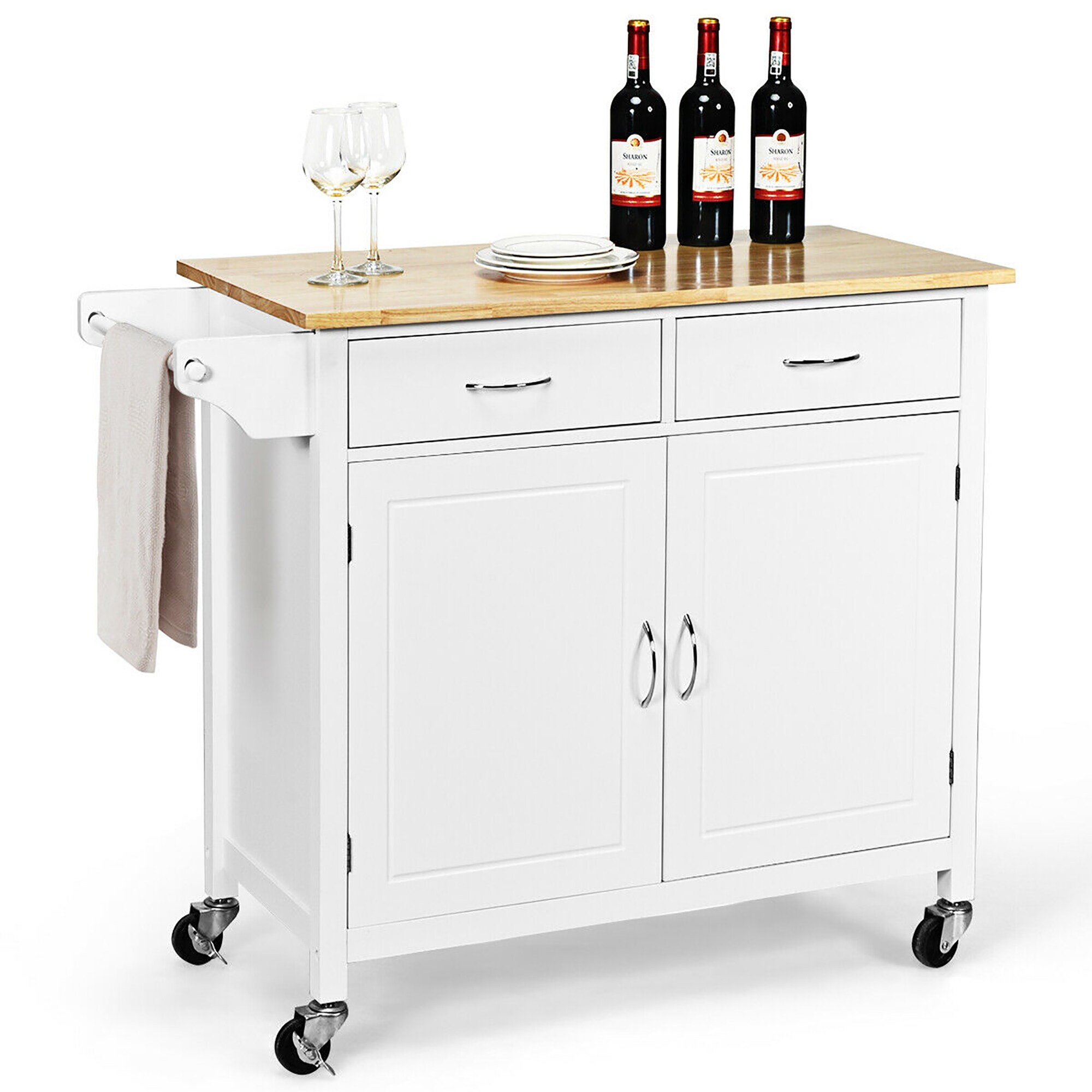White Wine Racks And Cabinet Mecor Kitchen Utility Island Cart W Wood Top Rolling Trolley On Wheels With Storage Drawer Furniture Home Kitchen