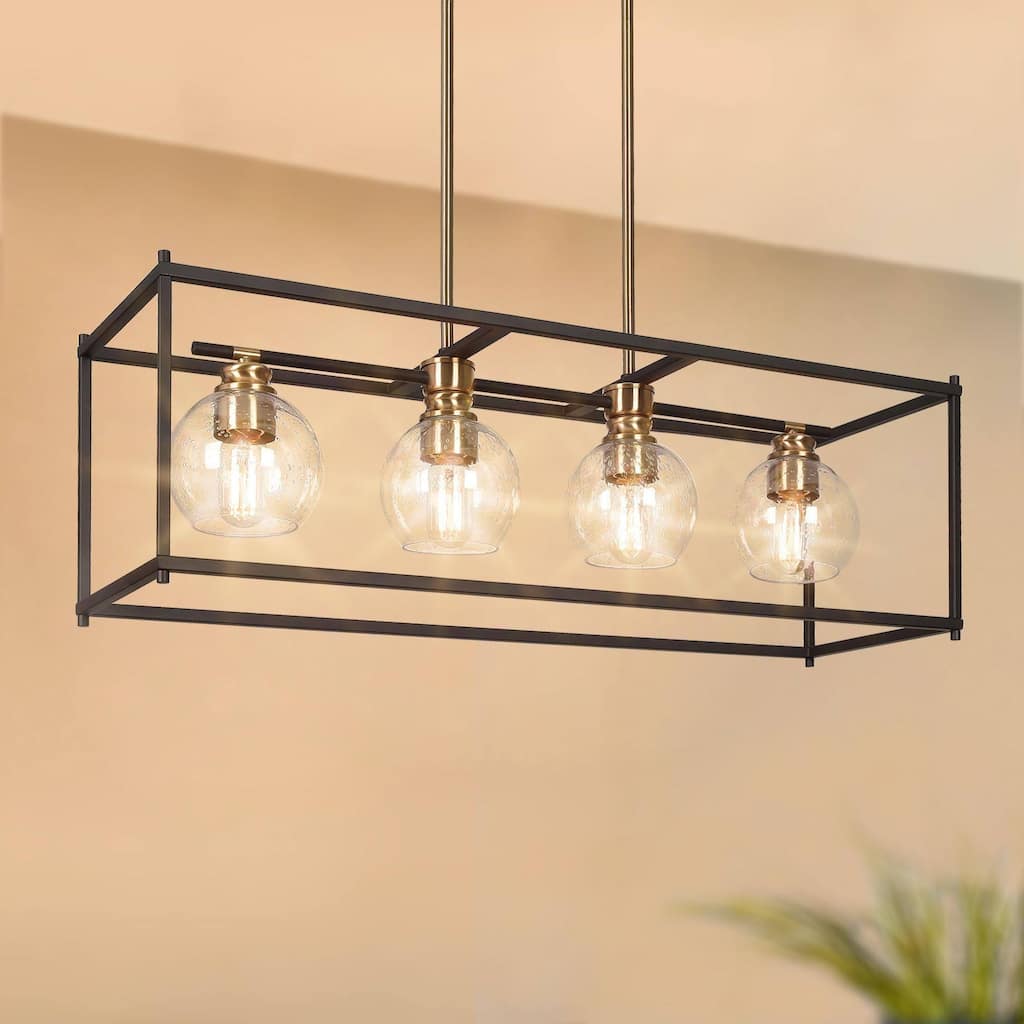 Modern 4-Light Black Gold Chandelier Metal With Seeded Glass Shades Rectangle Kitchen Island Lights for Dining Room