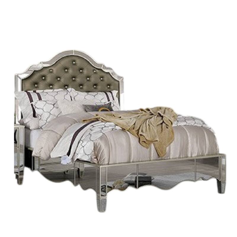 Mila Queen Bed, Carved Button Tufted Faux Leather Upholstery, Mirrored, Silver