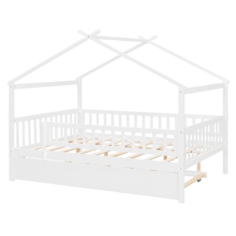 Full Size Wooden House Bed with Twin Size Trundle