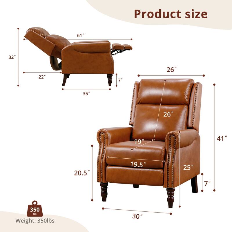 Genuine Leather Push Back Adjustable Recliner with Comfortable Arms for Living Room Chair