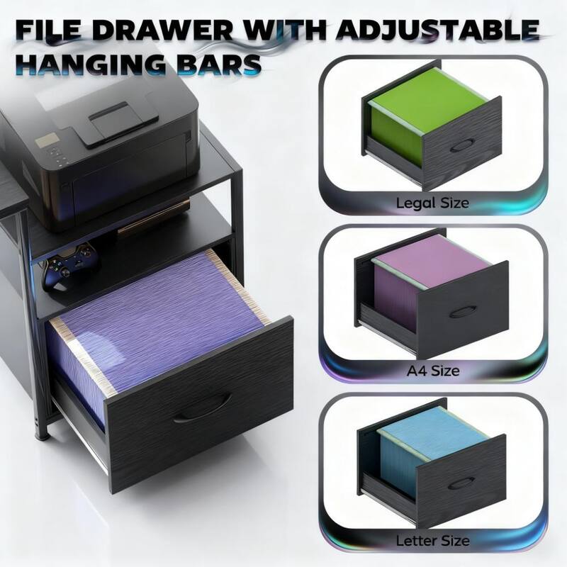 Computer Desk with File Cabinet and Fabric Drawers, Office Desk with Charging Station LED Lights and Monitor Stand