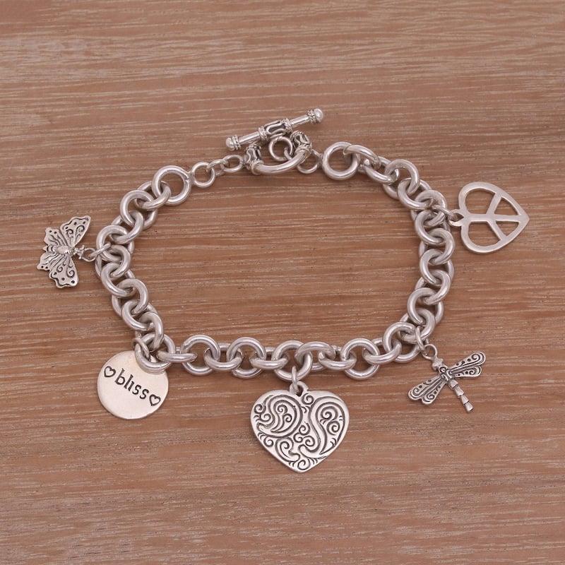 NOVICA Love and Bliss, Sterling silver charm bracelet