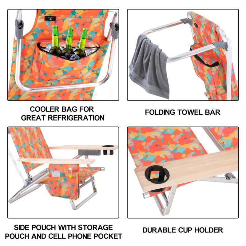 2-Piece Lightweight 5-Position Folding Lay Flat Beach Chairs with Tower Bar