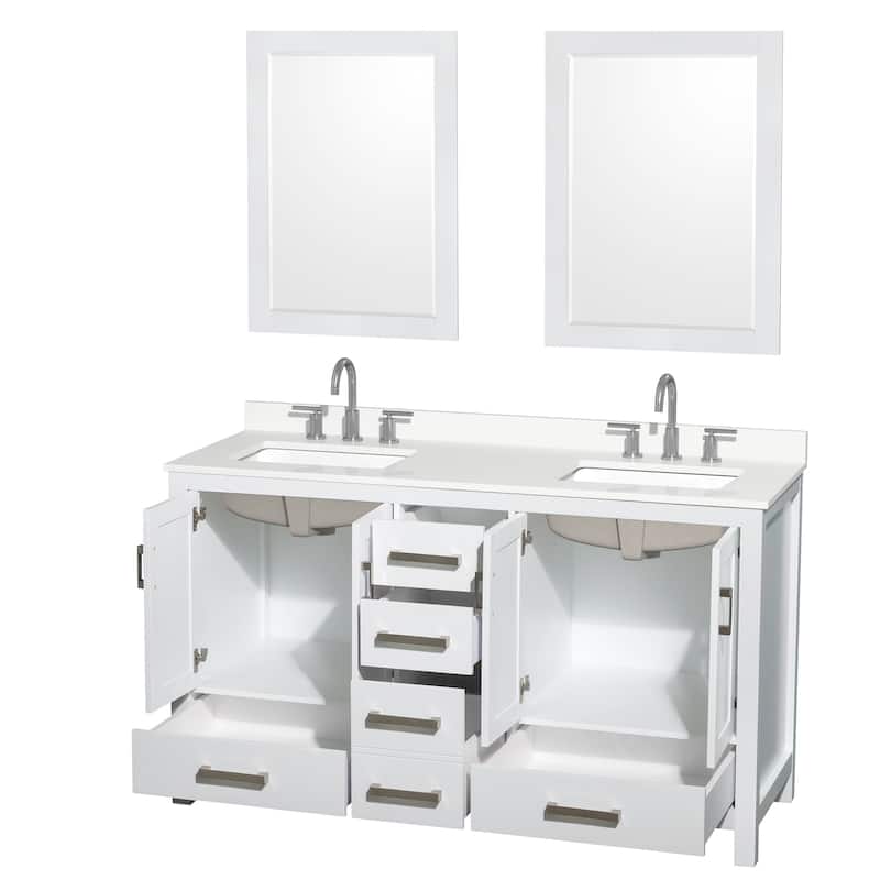 Sheffield 60-inch Double Vanity, 3 Hole Quartz Top, 24-inch Mirrors