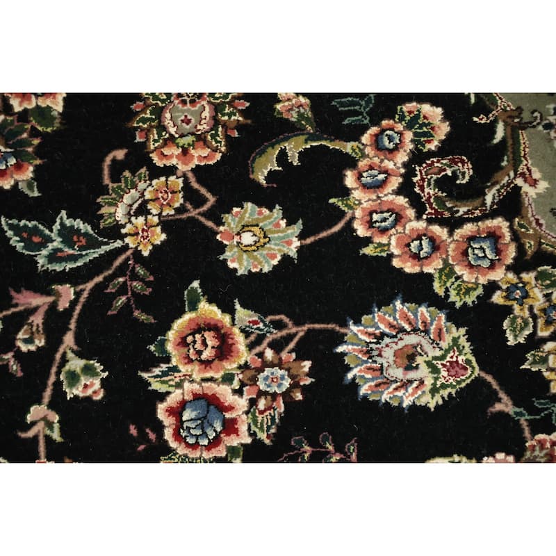 Hand Knotted Oriental Wool & Silk Carpet Traditional Floral Black Tabriz Area Rug - 11' 9'' X 9' 1''