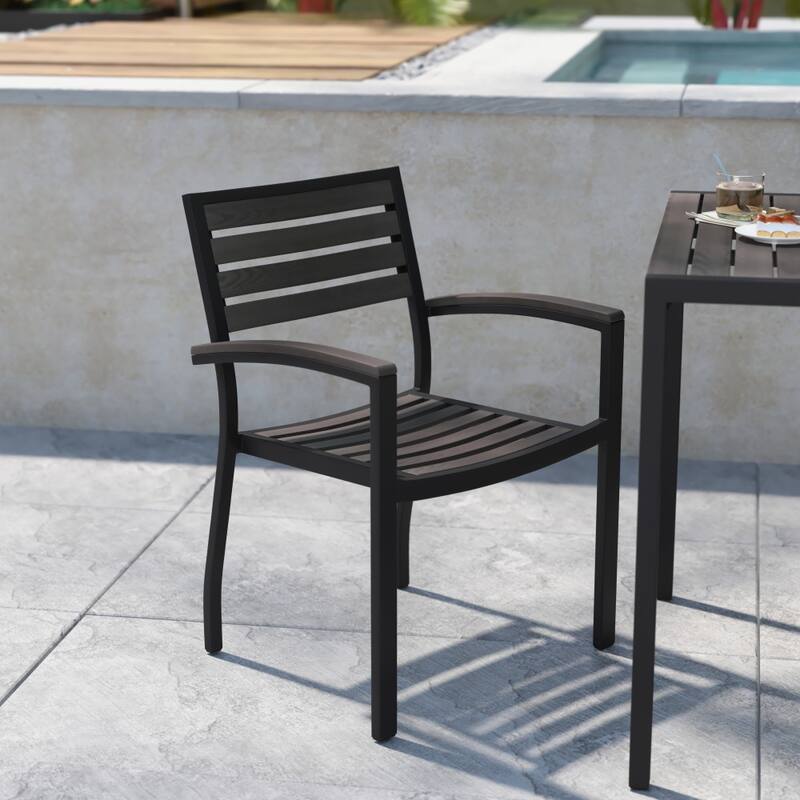 Set of 2 Stackable All-Weather Aluminum Patio Chairs with Faux Teak Slats - Gray Wash Teak