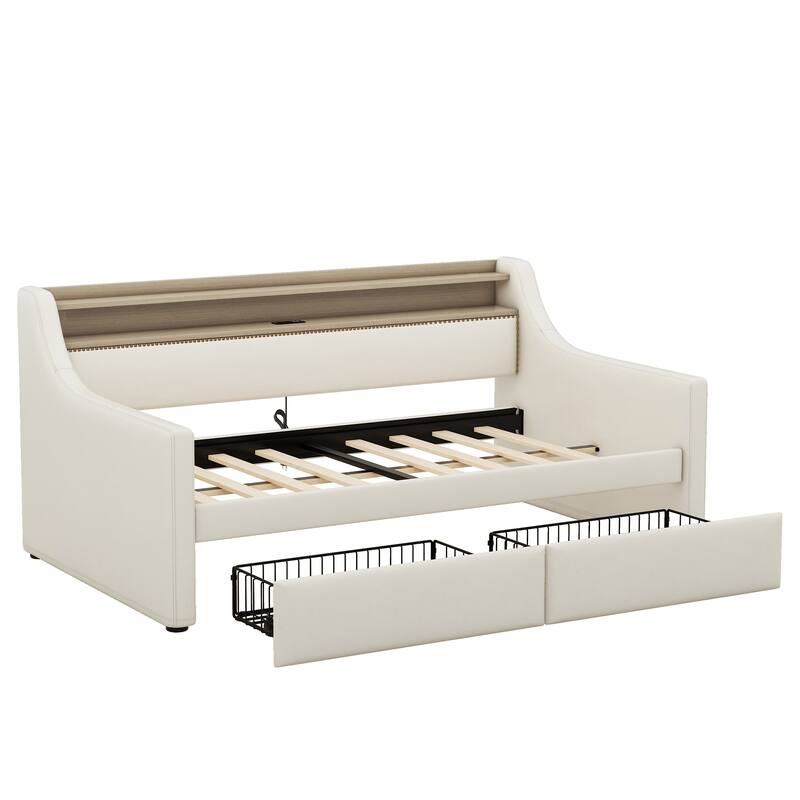 Twin Size Upholstered Daybed with Storage Drawers, Charging Station, and LED Lights, Beige