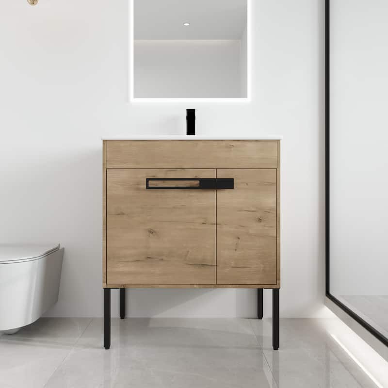 Malwee 24"/30"/36" FreeStanding Bathroom Vanity, Floor Stand Bathroom Vanity with Ceramic Top,Soft Close Door - 30"×18.3"×35" - Brown