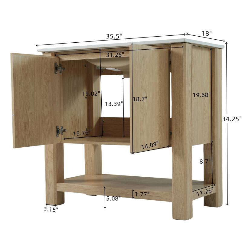 36" Bathroom Vanity with Large Cabinet, Soft-Close Doors, 45-Degree Free Handle Design & Open Bottom Shelf