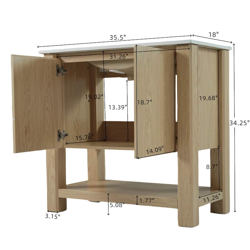 Large Storage Vanity Cabinet for Bathroom with 45 Degrees Free-Handle Design Soft-Closing Doors and Open Shelf at the Bottom