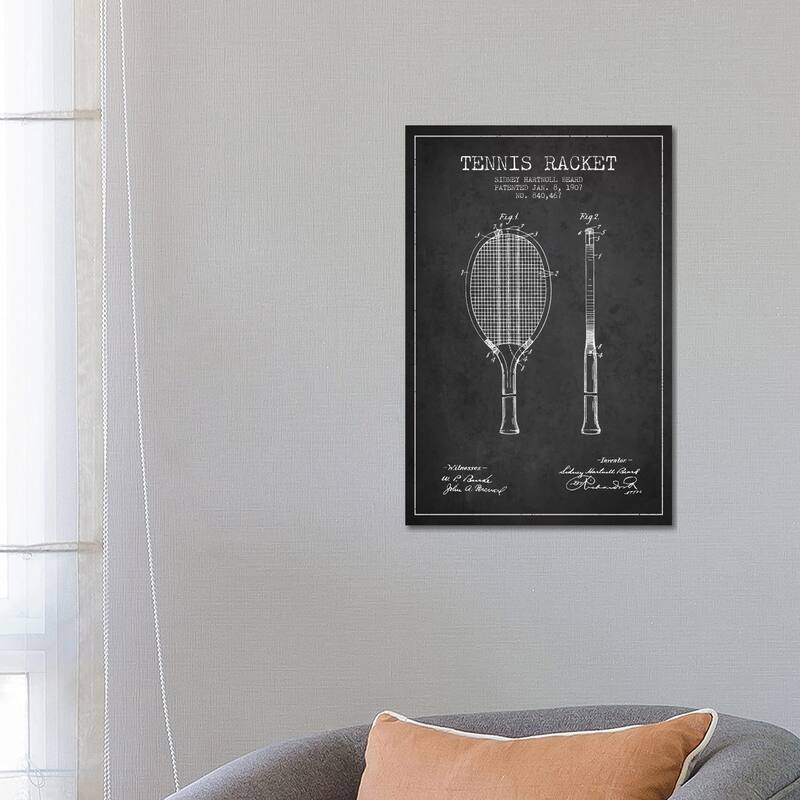 iCanvas "Tennis Racket Charcoal Patent Blueprint" by Aged Pixel Canvas Print - 26x18x1.5