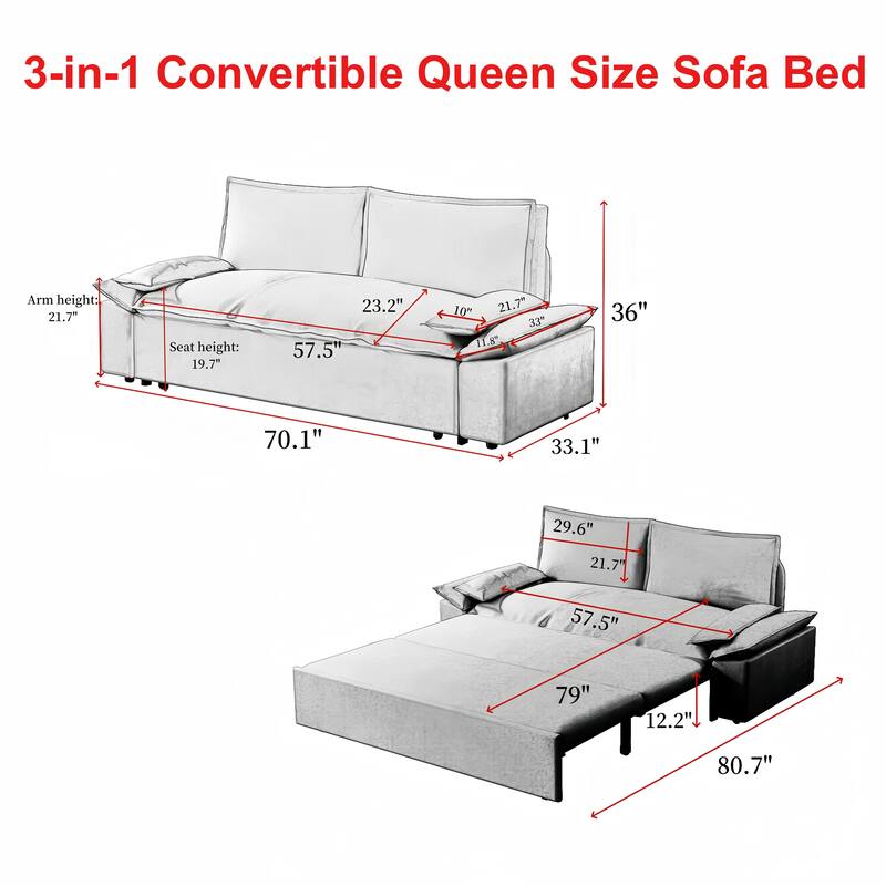 70.1" Queen 3-in-1 Convertible Sleeper Pull Out Sofa Bed with 2 Soft Pillows