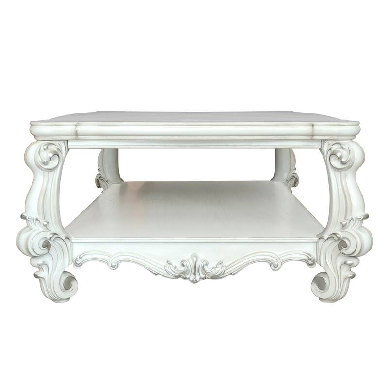 HomeRoots 57" White Wood Ornate Coffee Table With Shelf - 57' X '21' X '41