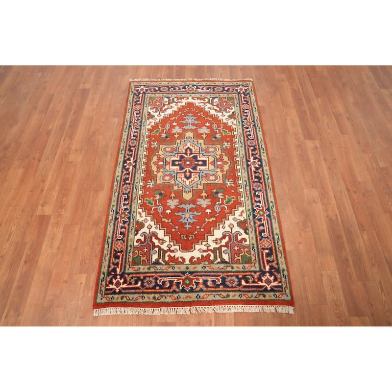 Hand Knotted Oriental 100% Wool Carpet Traditional Medallion Oranges & Rust Heriz (serapi) Area Rug - 4' 11'' X 2' 11''