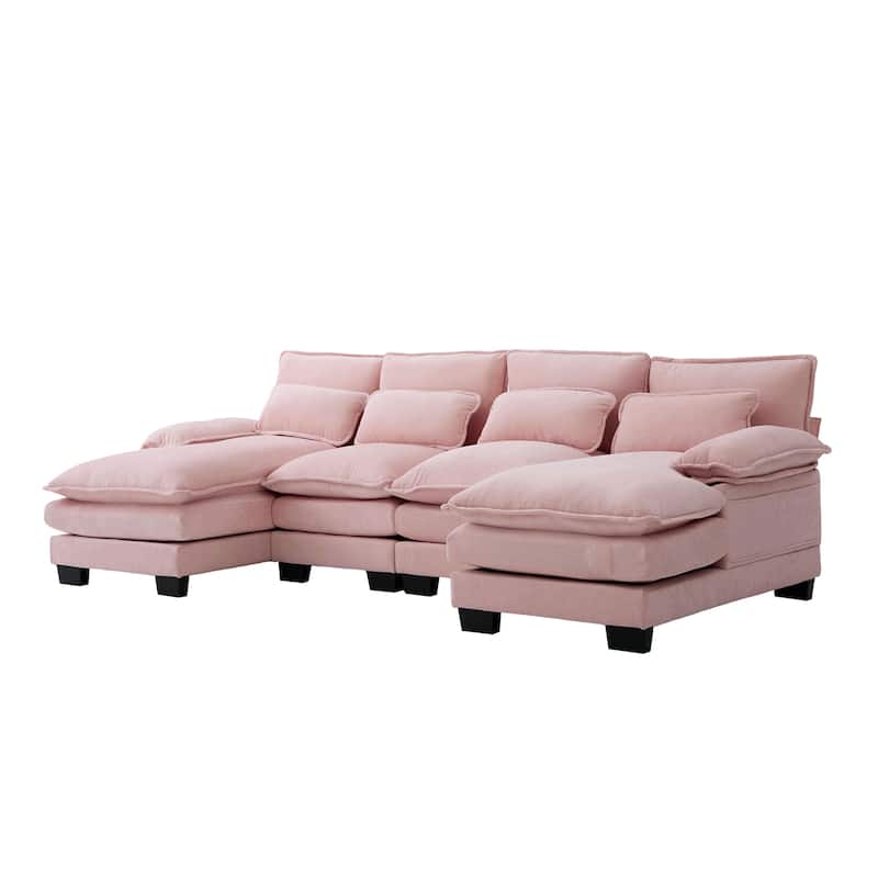Symmetrical Chenille Upholstered Sectional Sofa U-shaped Cloud Couch with Double Chaise, Side Pockets and Double-layer Cushions