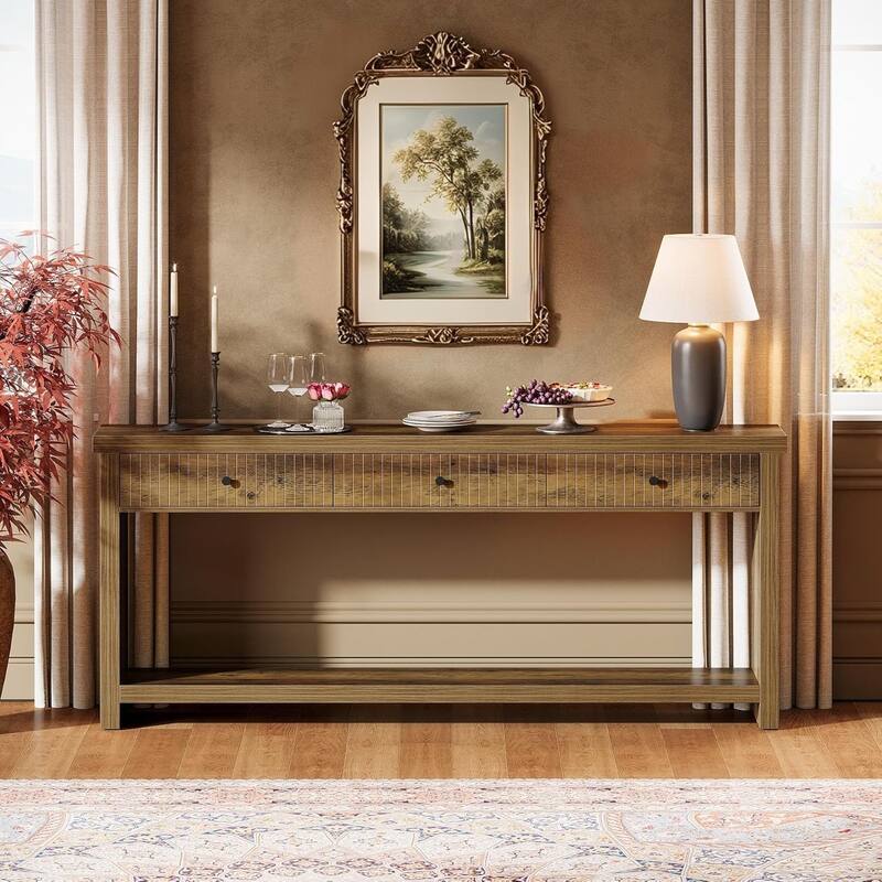 Extra Long Wood Console Table, Oak Sofa Entryway Table with 3 Drawers & Storage Shelves for Living Room, Hallway, Foyer