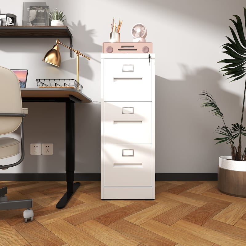 Modern Narrow Vertical File Cabinet, 3 Drawers Filing Cabinet with Lock Adjustable Hanging Rail, for Home Office
