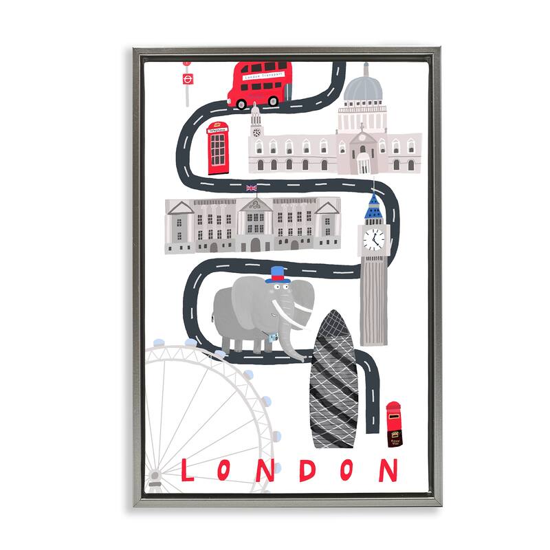 Stupell London Whimsical Travel City Framed Floater Canvas Wall Art Design By Carla Daly - 17 x 25 - Grey