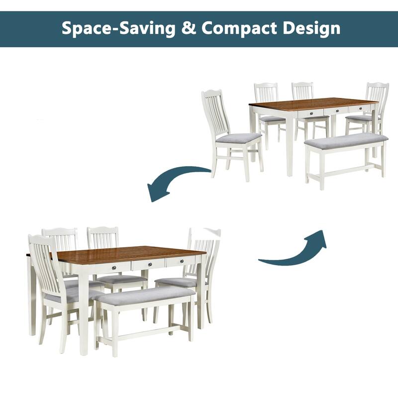 Roomfitters Mid-Century 6-Piece Wood Dining Table Set with Upholstered Chairs and Bench