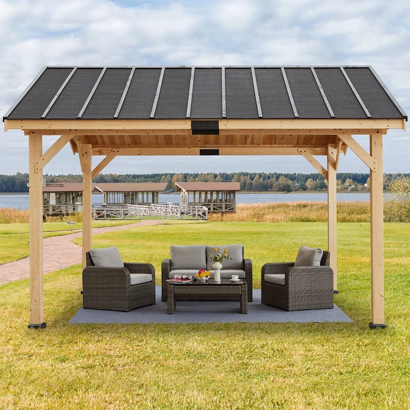 Hardtop Wood Gazebo for Patio, Outdoor Cedar/Spruce Pergola with Metal or Asphalt Roof, All-Weather Backyard Shelter