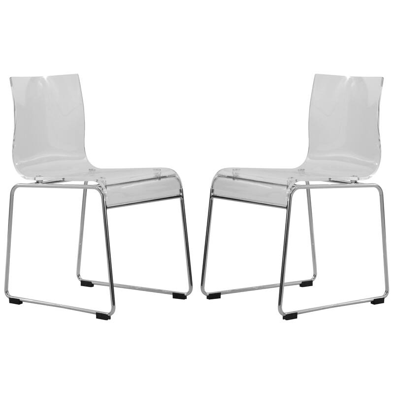 LeisureMod Lima Modern Acrylic Dining Chair with Chrome Base Set of 2 - 20 x 32.4 x 16.5 - Clear