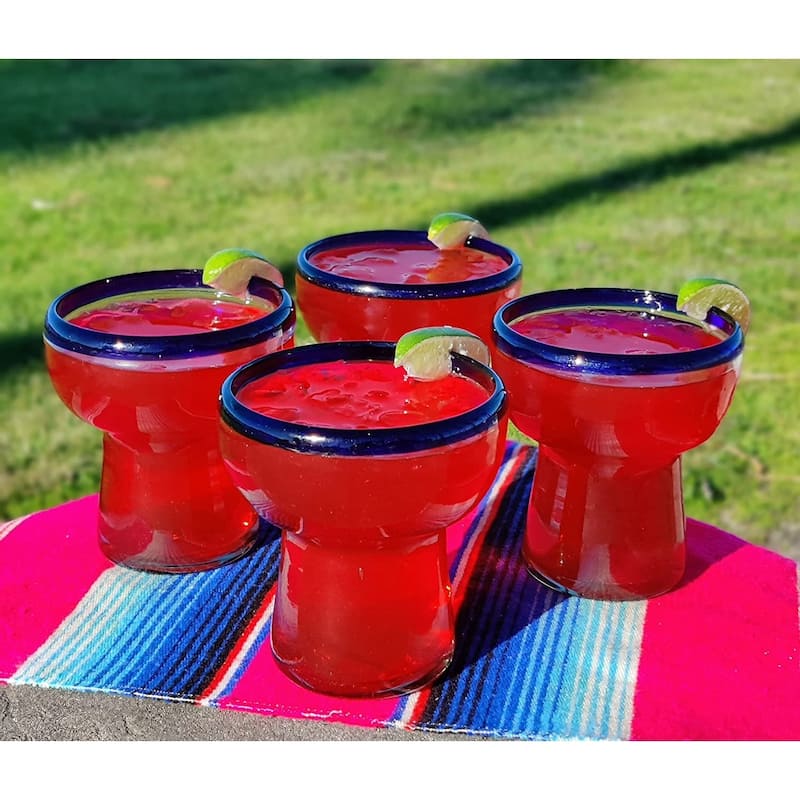 Dos Sueños Mexican Hand Blown Glass – Set of 4 Hand Blown Stemless Blue Rim Margarita Glasses (14oz)
