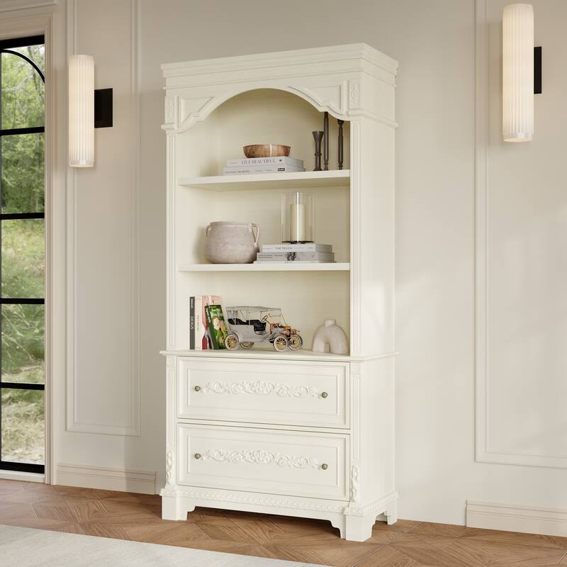 Vintage White Display Cabinet with Shelves and Drawers, Antique Bronze Handles, Hand-Rubbed Finish, Elegant Bookshelf