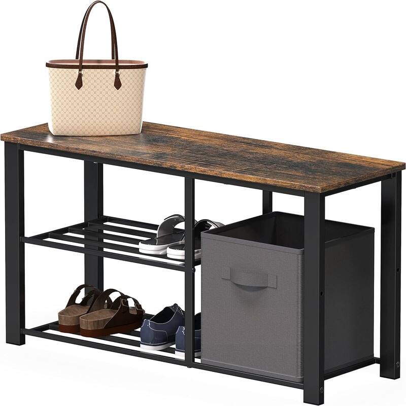 Wood Top Shoe Storage Bench for Entryway, Rustic Brown - Rustic Brown 35" - 12 x 35 x 17