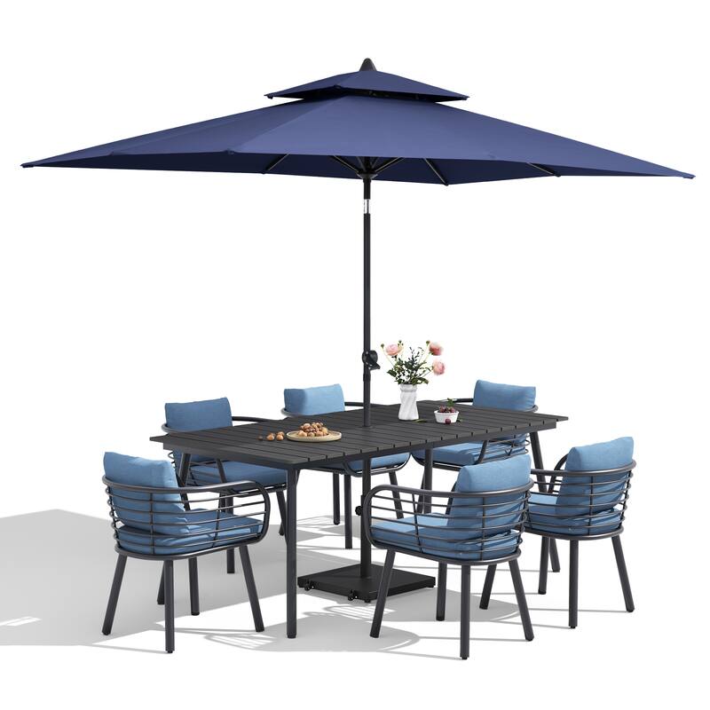 9-Piece Outdoor Patio Dining Set w/10 ft Umbrella and Base Aluminum Dining Table and Chairs with Sunbrella Cushion
