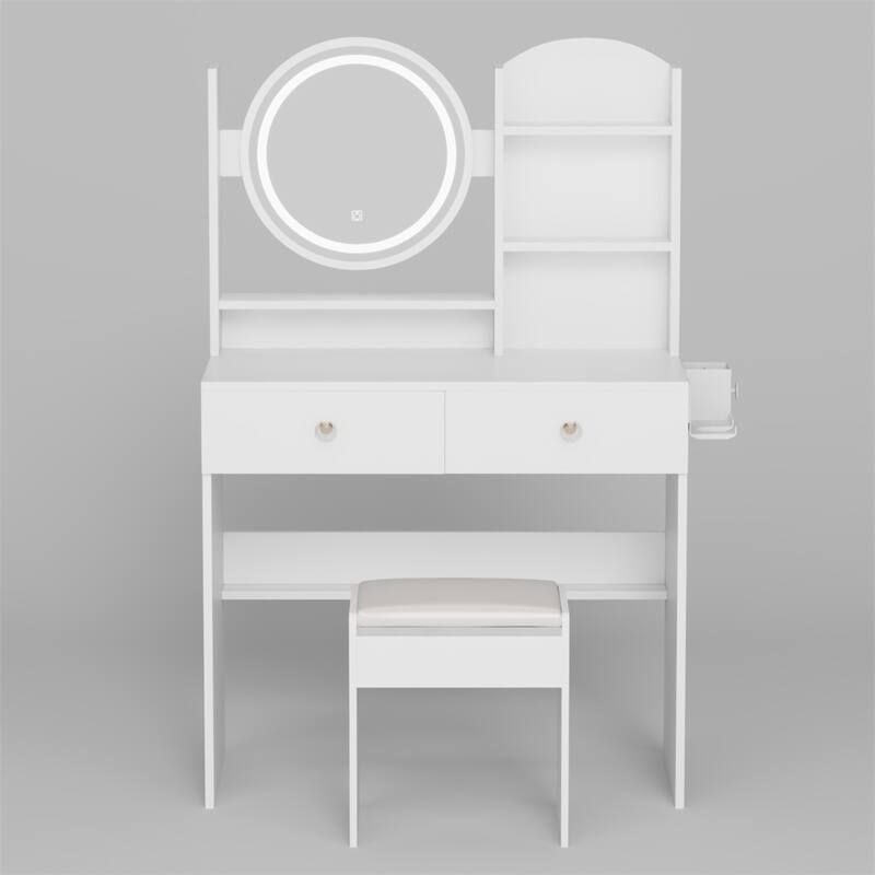 Full Mirror Cabinet + Round Mirror LED Vanity Table + Cushioned Stool