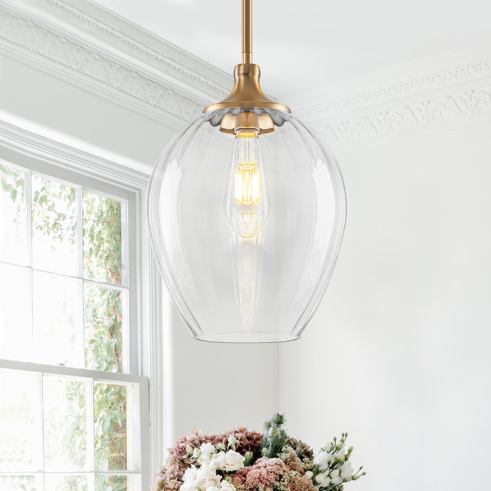Modern Matte Brass Pendant Light Teardrop Ribbed Clear Glass Shade - Dia.9.06-in