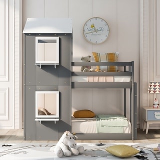 Twin Over Twin Bunk Bed with Shelves, Kids House Bed Wood Frame with Playhouse Roof, Window, Ladder and Safety Guardrails