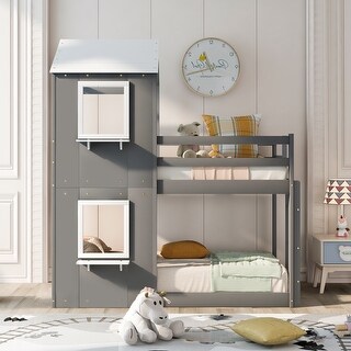 Wood Bunk Bed with Roof, Window, Guardrail, Ladder