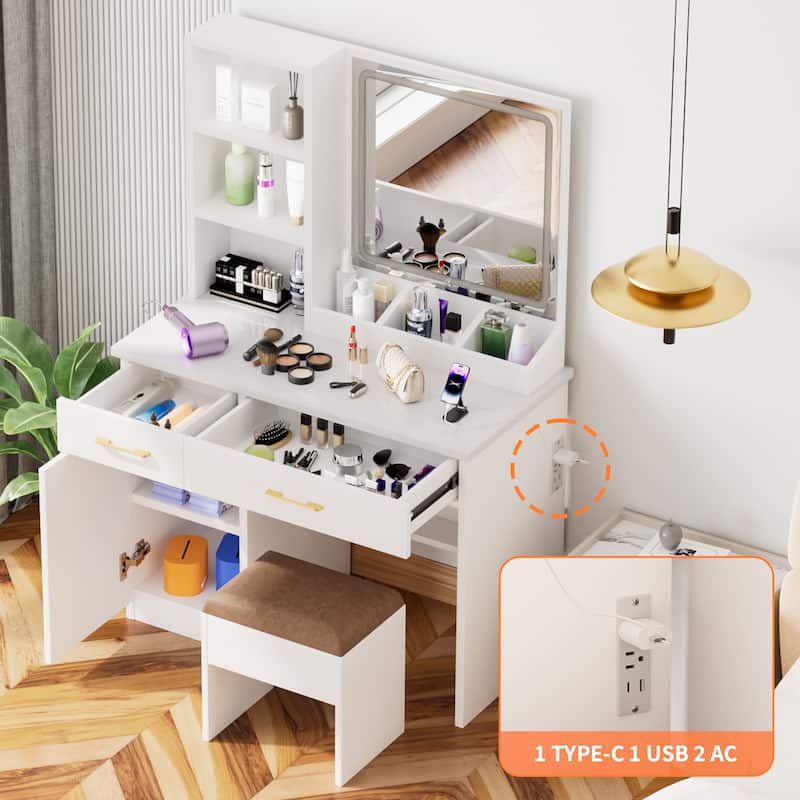 White LED Lighted Makeup Vanity Desk with Large Mirror Drawers Shelves and Built in USB Charging Station
