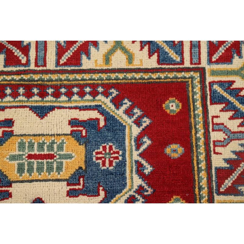 Geometric Red Kazak Foyer Rug Hand-Knotted Wool Carpet - 2'8" x 4'1"