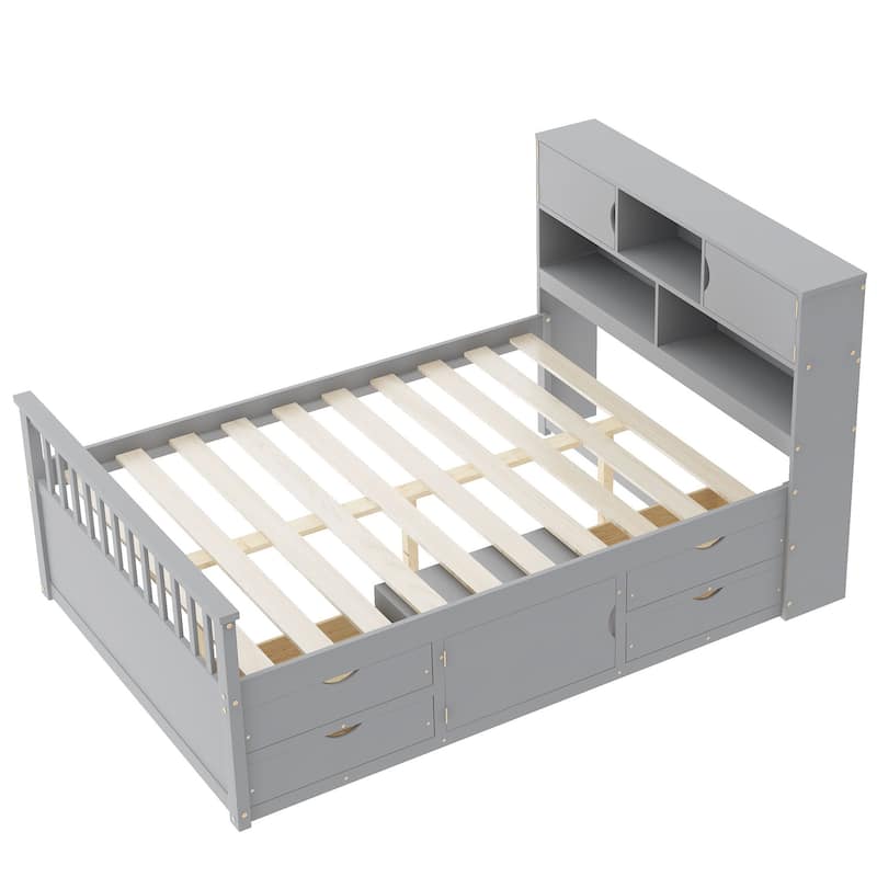 Captain Platform Bed Frame with Built-In Storage Bookcase, Shelves & Drawers