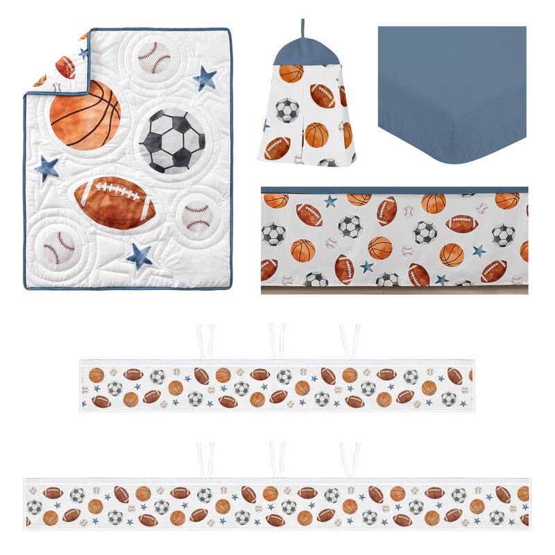 Sweet Jojo Designs 6p Crib Bedding + BreathableBaby Breathable Mesh Liner Sports Theme Boy Watercolor Balls Star