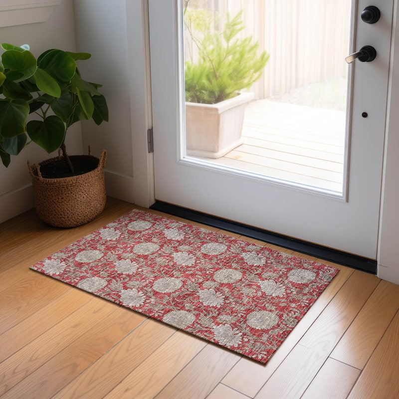 Machine Washable Indoor/ Outdoor Chantille Floral Rug - Red - 1'8" x 2'6"