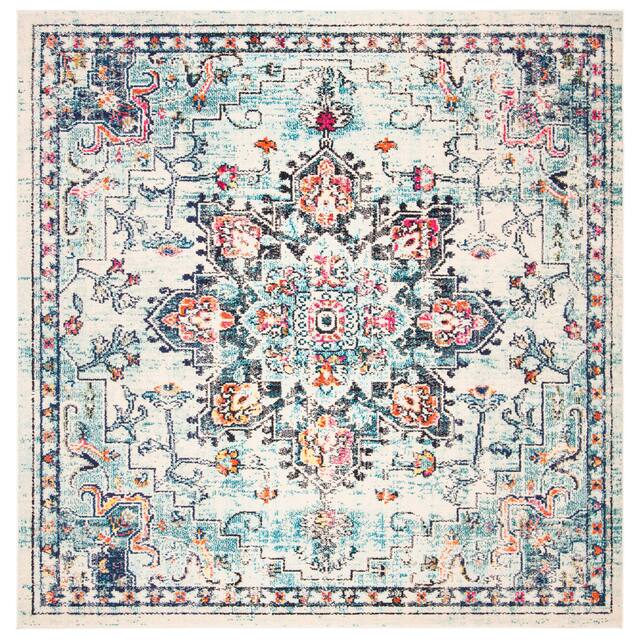 SAFAVIEH Madison Diederike Boho Medallion Distressed Rug - 4' x 4' Square - Cream/Blue