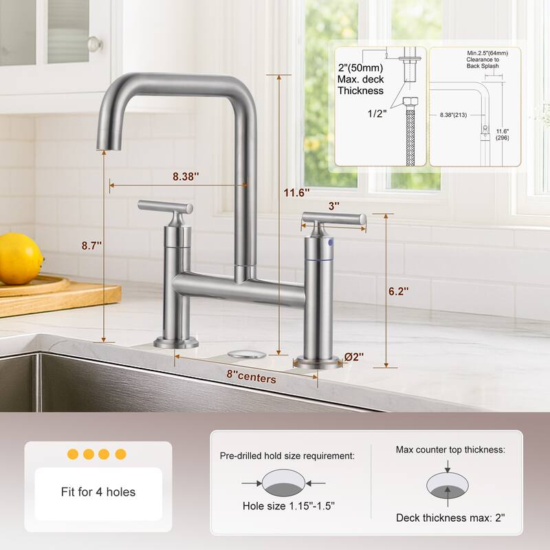 WOWOW Double Handle Bridge Faucet with Kitchen Sink Hole Cover
