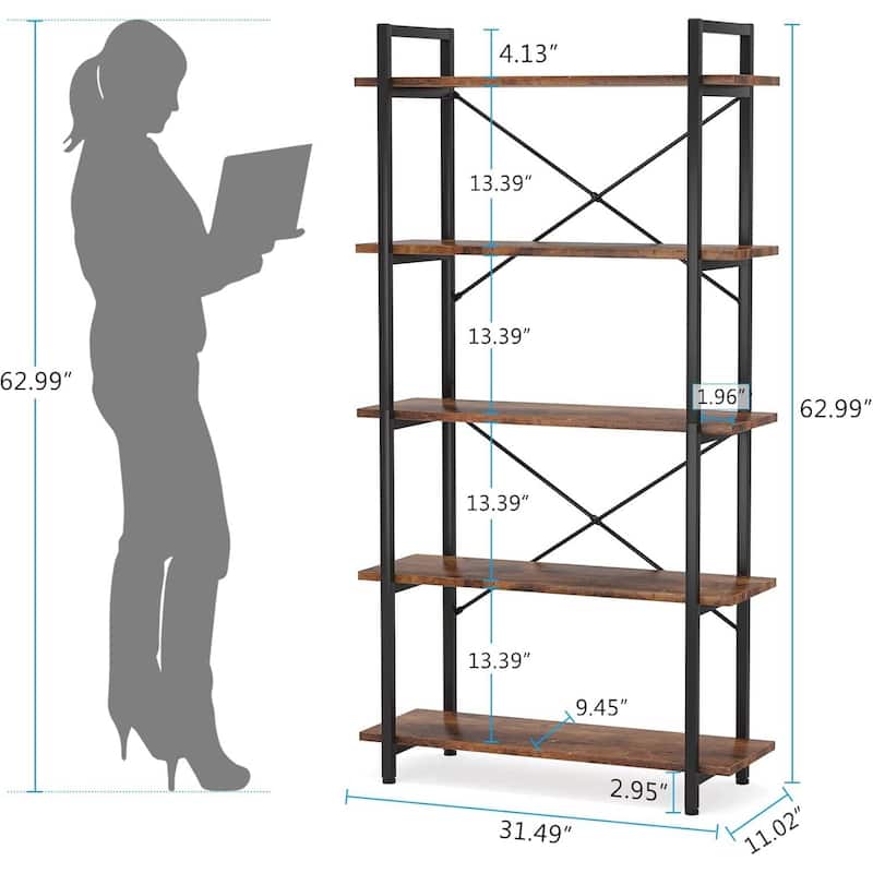 Modern Industrial 5 Tier Bookcase with Rustic Brown Shelves and Black Metal X Back Frame - 31.49" x 11.02" x 62.99"