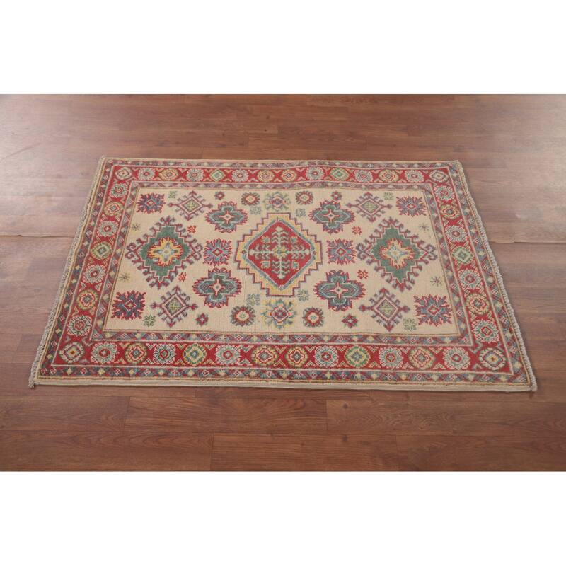 Geometric Kazak Oriental Foyer Rug Hand-Knotted Wool Carpet - 2'9" x 3'10"