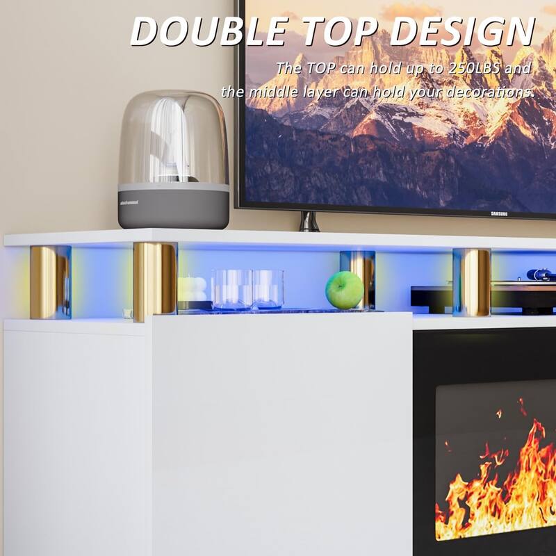 BOSSIN 70" Modern Electric Fireplace TV Stand, with Electronic Flame and LED Lights, High Gloss Finish Entertainment Center
