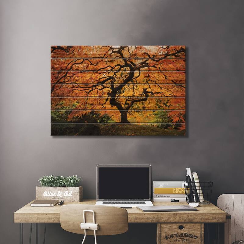 Japanese maple tree in autumn, Japanese Garden, Portland, Oregon, USA Print On Wood by Panoramic Images - Multi-Color