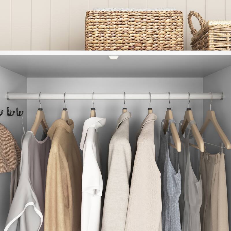 4-Door Wardrobe Closet with Mirror & LED, Wooden Storage Cabinet with Hanging Rod & Adjustable Shelves